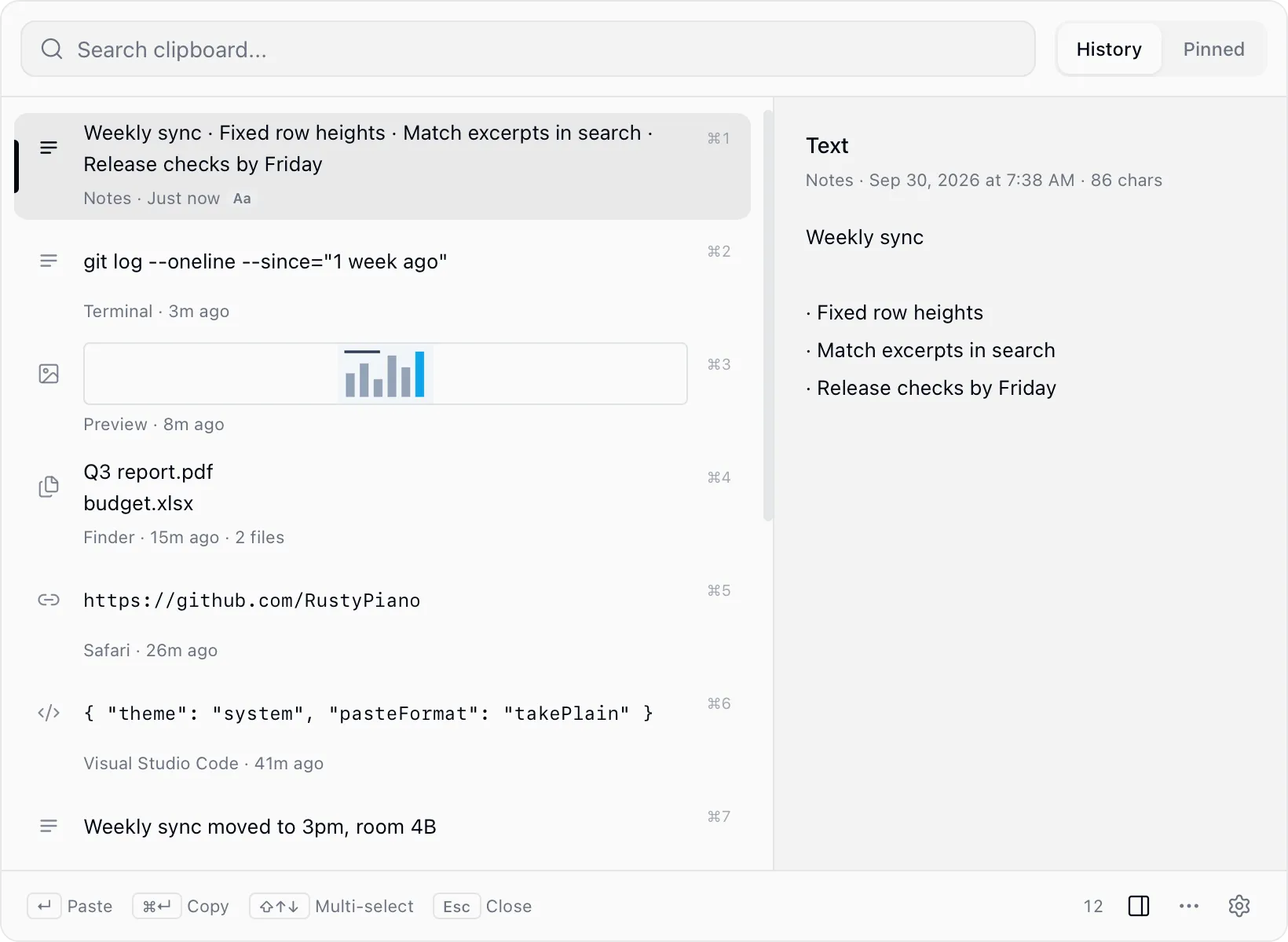 ClipMan QuickBar: clipboard history on the left, preview of the selected item on the right